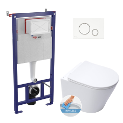 Swiss Aqua Technologies WC set frame + SAT Infinitio rimless toilet invisible fixings + Softclose seat + White/chrome plate (SMARTK-InfinitioMat-9)