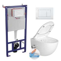 Swiss Aqua Technologies Wall hung toilet set frame + SAT Infinitio rimless WC with thermostatic bidet function + Softclose seat + White plate