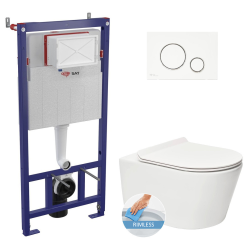 Swiss Aqua Technologies Wall hung toilet set frame + SAT rimless toilet with invisible fixings + Softclose seat + White plate (SMARTK-Brevis-9)