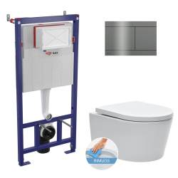 Swiss Aqua Technologies Wall hung toilet set frame + SAT rimless WC with invisible fixings + Softclose seat + stainless steel plate, PVD-coated, Gun Met