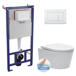 Toilet Pack Wall-Hung Toilet Frame + SAT Rimless Toilet + Soft-Close Seat + White Flush Plate (SMARTK-SATrimless-M270)