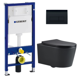 Geberit Toilet set Rapid SL support frame + matt black SAT rimless WC + Softclose seat + Black plate (BlackSATrimlessGeb-7)