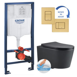 Grohe Toilet set Grohe Rapid SL frame + Black SAT rimless bowl + Grohe brushed gold flush plate (RapidSLBlackSAT-bgold)