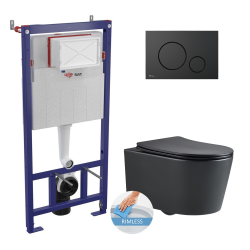 Toilet Pack Frame + Black SAT Rimless Toilet + Soft-Close Seat + Matt Black Flush Plate (SMARTK-BlackSAT-M678)