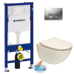 Geberit Toilet set Duofix frame + Taupe Vitra Sento rimless toilet + Softclose seat + Matt chrome plate (TaupeSentoGeb2)