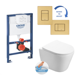 Grohe Toilet set Grohe 0.82m low height Rapid SL frame + Infinitio rimless bowl + Grohe brushed gold Skate Cosmopolitan flush plate