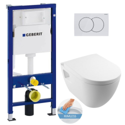 Geberit Toilet Set Duofix UP100 support frame + Serel SM softclose seat and SM26 bowl + White plate (39186rimless-GEB1)