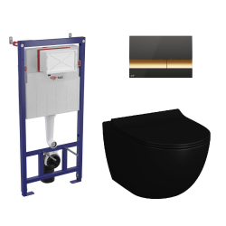 Toilet Pack Sento Black Toilet + SAT Support Frame Set + Dual Flush Plate Black/Gold (SMARTK-BlackSento-M1728)