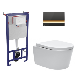 Toilet Pack SAT Rimless Wall-Hung Toilet + SAT Support Frame Set + Alca Dual Flush Plate Black/Gold (SMARTK-SATrimless-M1728)