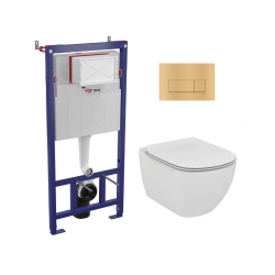 Toilet Pack Ideal Standard Tesi Rimless Toilet + SAT Support Frame + Alca Gold Dual Flush Plate (SMARTK-Aqua-gold)