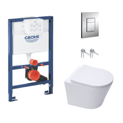 Toilet Pack SAT Rimless Wall-Hung Toilet + Grohe Rapid SL Frame and Brackets + Grohe Chrome Flush Plate (RapidSLInfinitio-82)