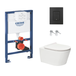 Toilet Pack Brevis Rimless Wall-Hung Toilet + Rapid SL Frame and Brackets + Grohe Matt Black Flush Plate (RapidSLBrevis-82-KF0)