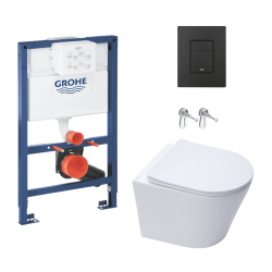 Toilet Pack SAT Rimless Wall-Hung Toilet + Rapid SL Frame & Brackets + Grohe Matt Black Flush Plate (RapidSLInfinitio-82-KF0)