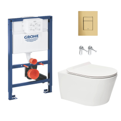 Toilet Pack Brevis Rimless Wall-Hung Toilet + Rapid SL Frame/Brackets + Brushed Cool Sunrise Plate (RapidSLBrevis-bgold-82)