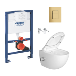 Toilet Pack Infinitio Rimless Toilet + Rapid SL Frame/Brackets + Brushed Cool Sunrise Flush Plate (RapidSLSATClean-82-bgold)