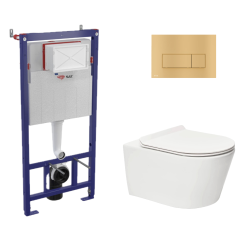 Toilet Pack Brevis Wall-Hung Rimless Toilet + SAT Support Frame + Matt Gold Dual Flush Plate (SMARTK-Brevis-gold) 