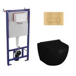 Toilet Pack Black Sento Rimless Toilet + SAT Support Frame + Gold Dual Flush Plate (SMARTK-BlackSento-gold)