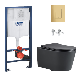 Toilet Pack Grohe Rapid SL Frame + Black SAT Rimless Toilet + Grohe Gold Mirror Effect Flush Plate (RapidSLBlackSAT-bgold)