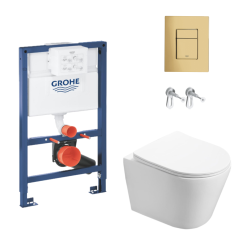 Toilet Pack Grohe 0.82m Low Height Rapid SL Frame + Infinitio Rimless Toilet + Grohe Gold Mirror Effect Flush Plate