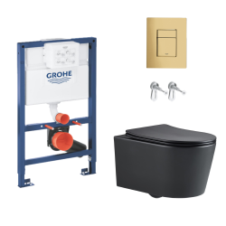 Toilet Pack Grohe 0.82m Low-Height Rapid SL Frame + Black SAT Rimless Toilet + Grohe Gold Mirror Effect Flush Plate