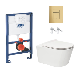Toilet Pack Grohe Rapid SL Frame + Brevis Rimless Wall-Hung Toilet + Gold Mirror Effect Flush Plate (RapidSLBrevis-bgold-82)