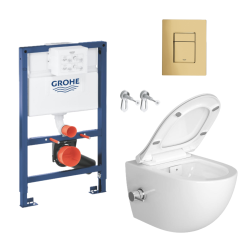  Toilet Pack Grohe Rapid SL Frame + Infinitio Rimless Toilet + Gold Mirror Effect Flush Plate (RapidSLSATClean-82-bgold)
