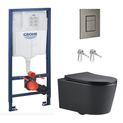 Toilet Pack Rapid SL Frame + Black SAT Rimless Toilet + Brushed Hard Graphite Flush Plate (RapidSLBlackSAT-AL0))