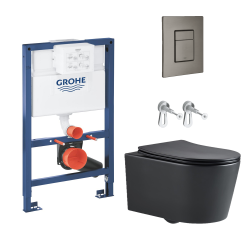 Toilet Pack Grohe Low-Height Rapid SL + Black SAT Rimless Toilet + Brushed Hard Graphite Flush Plate (RapidSLBlackSAT-AL0-82)