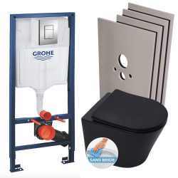 Grohe Rapid SL Toilet Frame Pack + Matt Black SAT Infinitio Toilet Bowl + Soft-close Seat + Chrome Flush Plate + Cladding Set