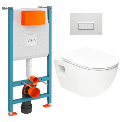 Toilet Pack V-Fix Core Support Frame + SAT Rimless Toilet with Soft-Close Seat  + Glossy White Flush Plate (V-FixProject-1)