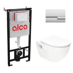 Toilet Pack Frame + SAT Wall-Hung Rimless Toilet + Matt Chrome Flush Plate (Alca-Project-M1732)