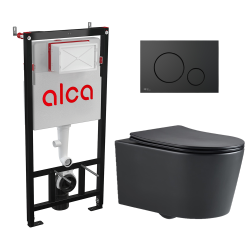 Toilet Pack Frame + SAT Black Rimless Toilet + Matt Black Flush Plate (Alca-BlackSAT-SATAT68)