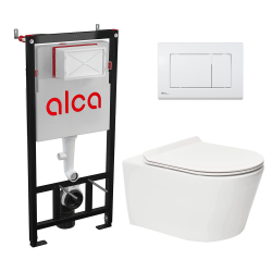 Toilet Pack Frame + SAT Brevis Wall-Hung Rimless Toilet + Gloss White Dual Flush Plate (Alca-Brevisrimless-SATAT20)