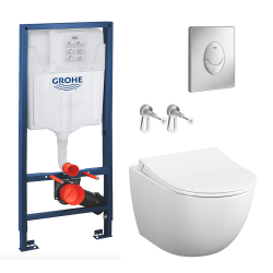 Toilet Pack Rapid SL Frame + Vitra Sento Rimless Toilet + Soft-Close Seat + Matt Chrome Flush Plate (GROHE-Sentorimless-7)