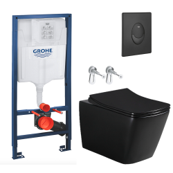 Toilet Pack Rapid SL Frame + Square Infinitio Matt Black Rimless Toilet + Matt Black Flush Plate (RSL-SquareBlackInfinitio-KF02)