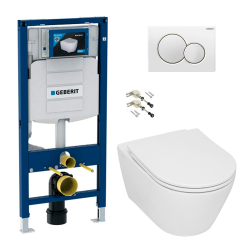 Toilet Pack Duofix UP320 Frame + Serel SP26 Rimless Toilet + Soft-Close Seat + White Flush Plate (GebSP26-B)