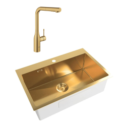 Swiss Aqua Technologies /Grohe Set Stainless Steel Built-In Kitchen Sink, 68x45x21 cm + Essence Single-Lever Tap, Brushed PVD Gold (SATSINK6845BG-SET1)