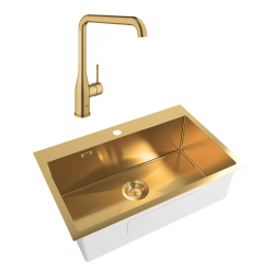 Swiss Aqua Technologies /Grohe Set Stainless Steel Built-In Kitchen Sink, 68x45x21 cm + Essence Single-Lever Tap, Brushed PVD Gold (SATSINK6845BG-SET2)