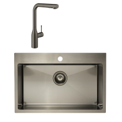 Swiss Aqua Technologies /Grohe Set Stainless Steel Built-In Kitchen Sink, 55x45x21cm + Essence Single-Lever Tap, Brushed Gun Metal (SATSINK5545BGM-SET1)