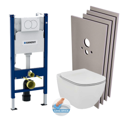 Geberit Pack Toilet Support frame + Ideal Standard Tesi Aquablade bowl + White plate +  Wall cladding set  (TesiGeb3-sabo)