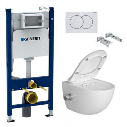 Geberit Pack Toilet Frame + SAT rimless toilet with thermostatic bidet + Softclose seat + White plate (SATCleanGeb3)