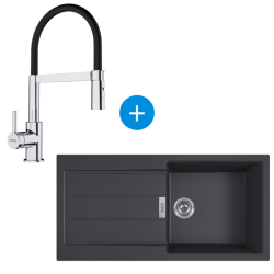 Franke Sirius Built-in sink 100×50cm with drainer, Black + 205x410mm semi-pro mixer, pull-out spray, Chrome/Black