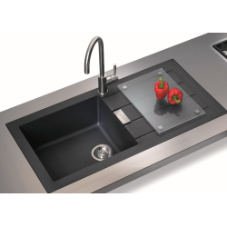 Franke Sirius Built-in Sink 100×50cm, 1 Bowl with Drainer, Tectonite, Onyx + Swan Neck Mixer Tap, Fragranite, Onyx