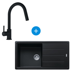 Franke Basis Sink Set 97x50cm with reversible drainer, Fragranit, Matt black + Swan neck mixer, with extractable spray