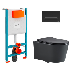 Toilet Pack V-Fix Frame + SAT Black Rimless Toilet + Soft-Close Seat + Matt Black Flush Plate (V-FixBlackSAT-B)