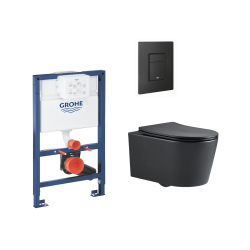 Grohe Toilet set Rapid SL Grohe Low height cistern frame + SAT Rimless wall hung toilet + soft close seat + Black flush plate