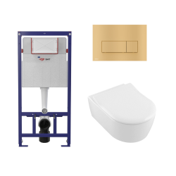 Swiss Aqua Technologies Toilet set SAT cistern frame + Villeroy & Boch Arceau Rimless wall hung toilet + soft close seat + Matt gold flush plate