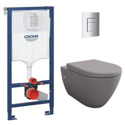 Grohe Toilet set RAPID SL Cistern Frame + Rimless Matt Grey Toilet with Invisible Fixings + Chrome Flush Plate (RapidSL-GreyBello-1)