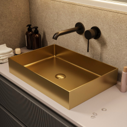 Ceramia Timeless Countertop Basin in 304 Stainless Steel, 55 x 38 x 11 cm, Without Overflow + Drain, Brushed Gold PVD (TMLW-5538BG)