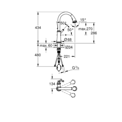 Grohe Gloucester C spout sink mixer with pull-out 2-jet hand shower, brushed stainless steel (G30422DC0)